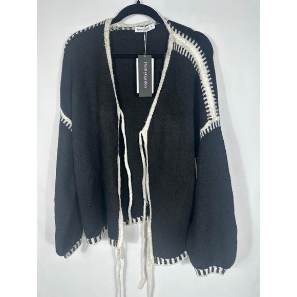 Pretty Garden Black Knit Open Front Cardigan Sweater White Trim Tie Front XL - Picture 4 of 4
